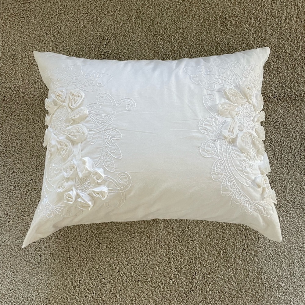 DKNY White 3D Floral Rosette Textured Lumbar Throw Pillow Accent Coastal